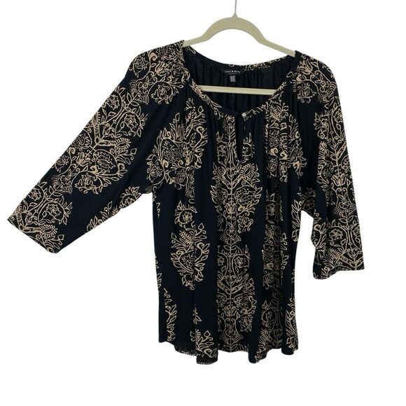 Lucky Brand Womens Tunic Top size 2X Black Tan Floral Paisley Boho Knit Casual - Picture 1 of 12